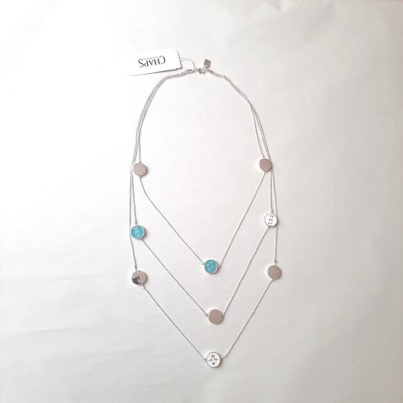 Chaps Jewelry - Chaps Multi-Strand Long Silver Necklace with Turquoise, White, and Silver Charms